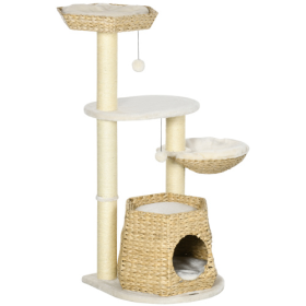 PawHut 47 Cat Tree Kitty Activity Center, Cat Climbing Toy With Cattail Fluff, Bed, Condo, Sisal Scratching Post, And Hanging Ball, Natural (Option: Natural Wood)