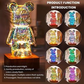 3D Fireworks Bear Night Light Projection Colorful USB Atmosphere Dimming Decor Room 3D Glass Fireworks Bedroom Living Decorative (Emitting Color: 7 colors A)