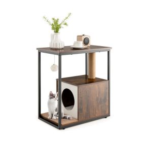 Cat Furniture Coffee Table Cat House with Scratching Post (Color: Rustic Brown, Type: Cat House)